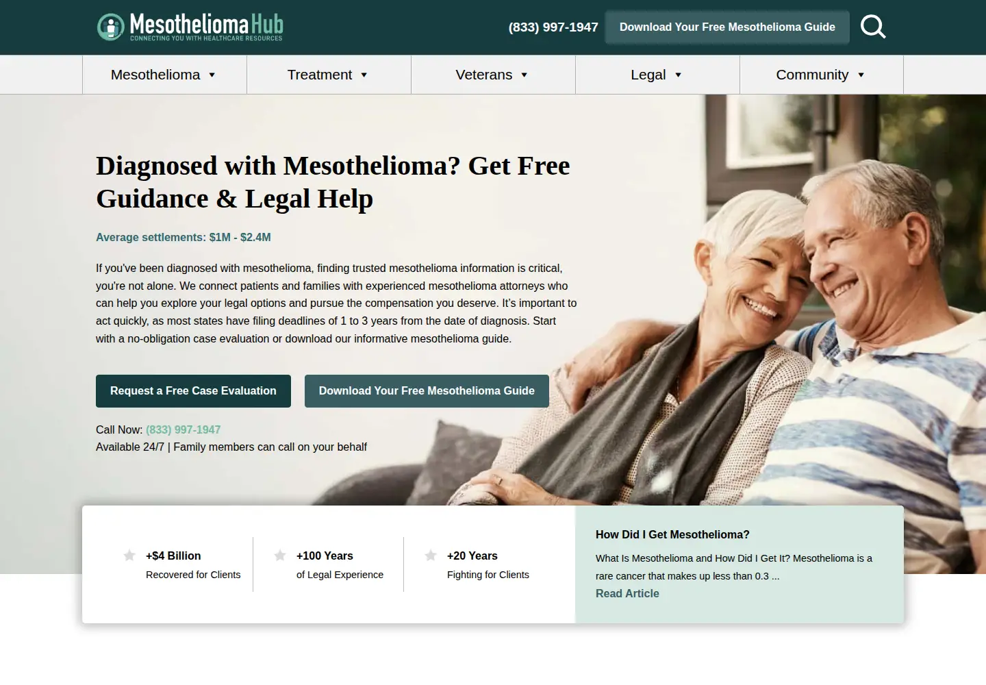 Captured homepage of mesotheliomahub.com in the current scan