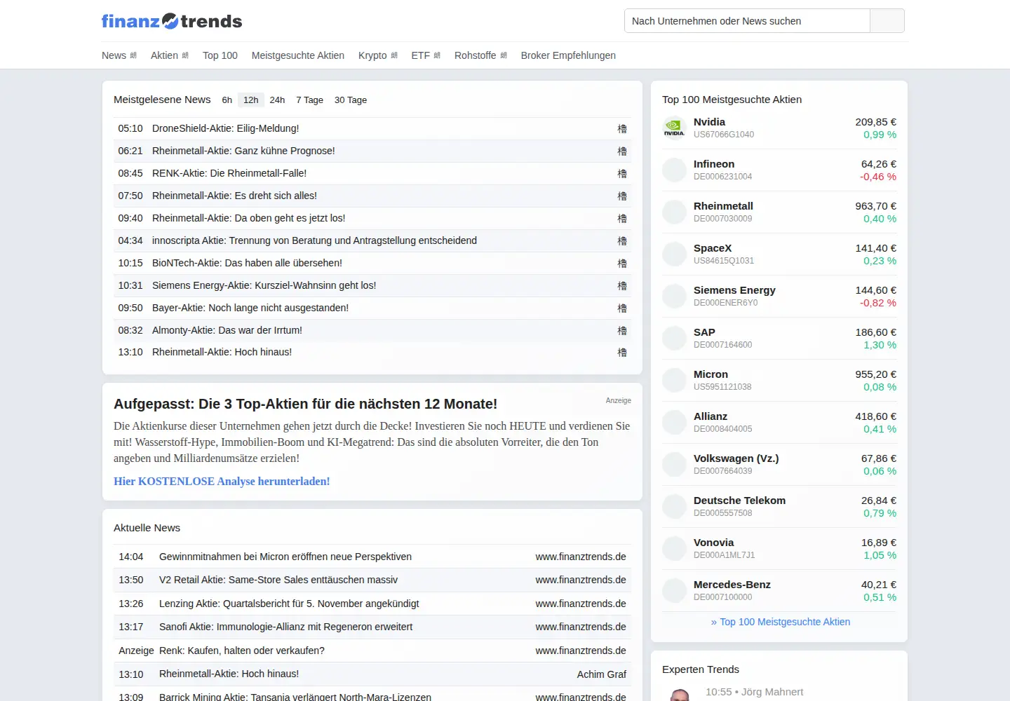 Captured homepage of finanztrends.info in the current scan