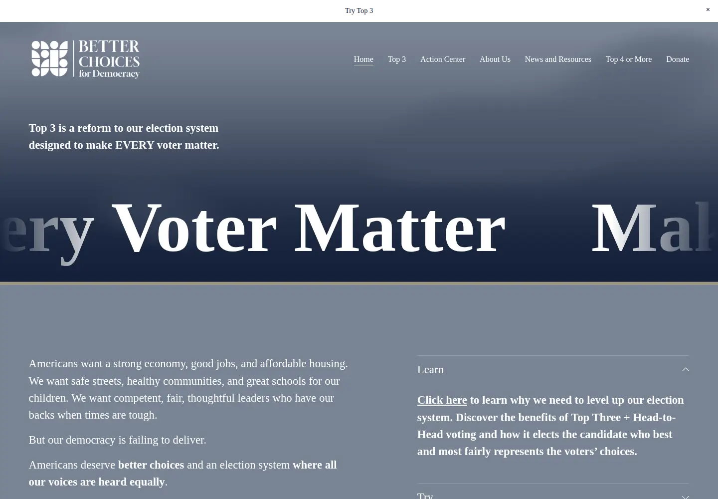 Captured homepage of betterchoices.vote in the current scan