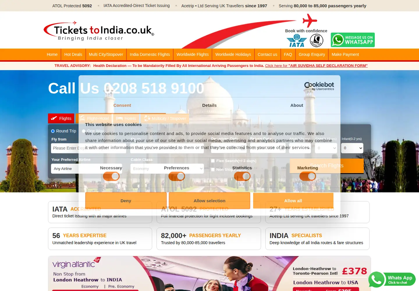 Screenshot of ticketstoindia.co.uk