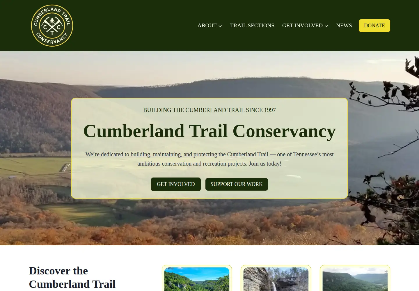 Captured homepage of cumberlandtrail.org in the current scan