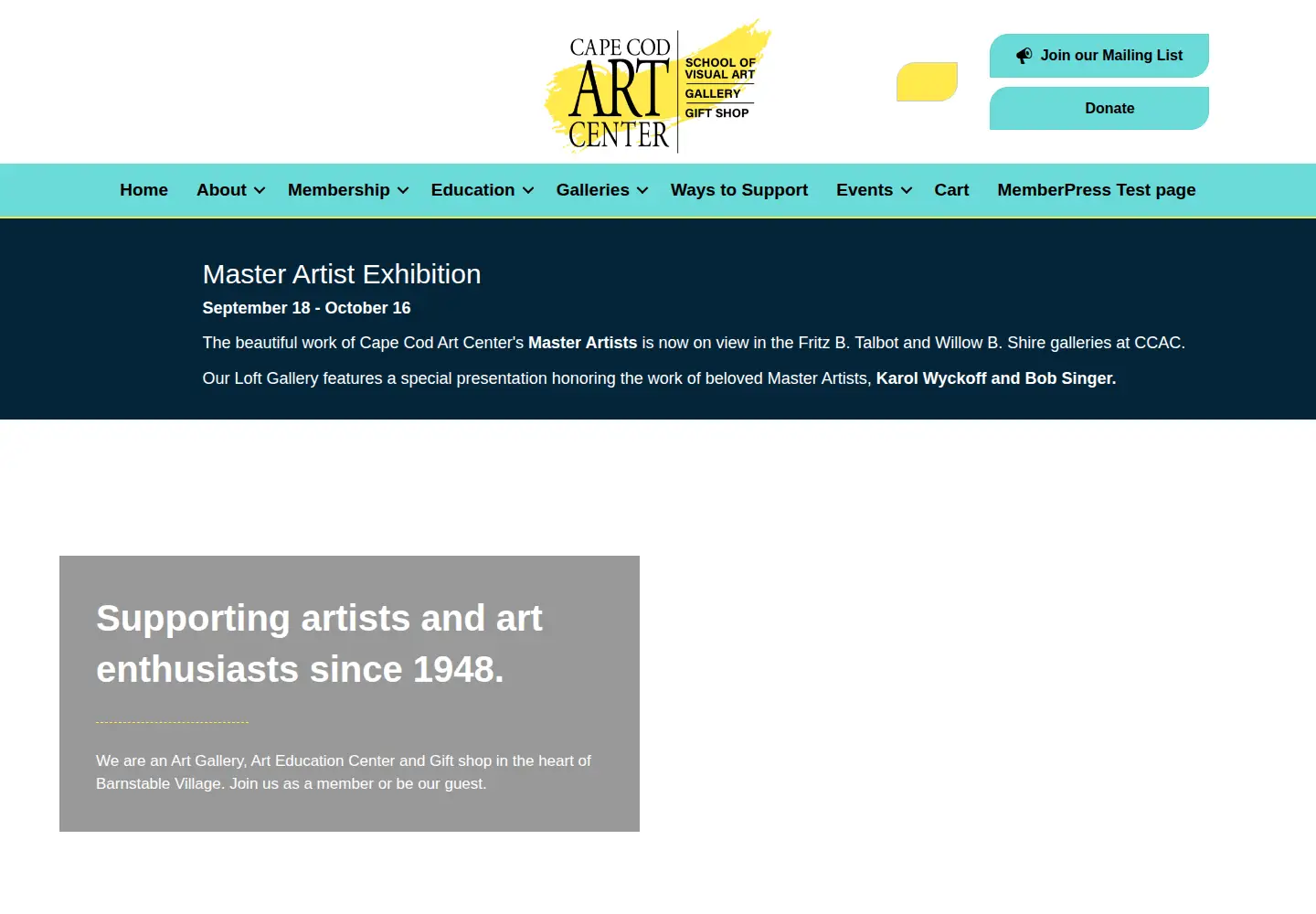 Captured homepage of capecodartcenter.org in the current scan