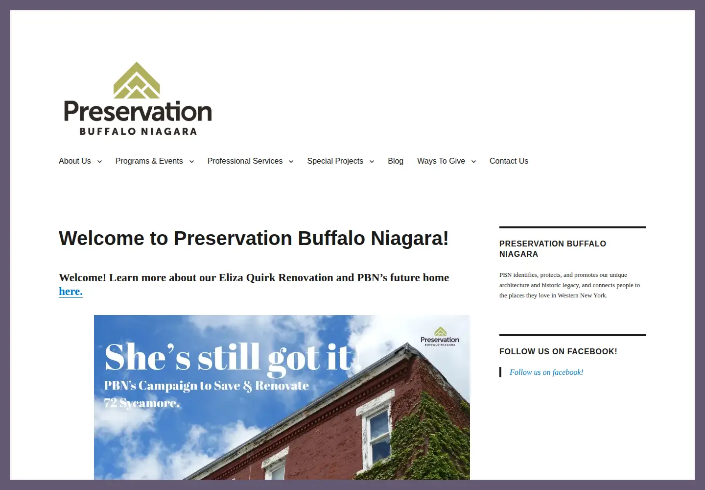 Captured homepage of preservationbuffaloniagara.org in the current scan