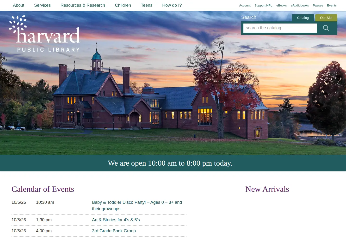 Captured homepage of harvardpubliclibrary.org in the current scan
