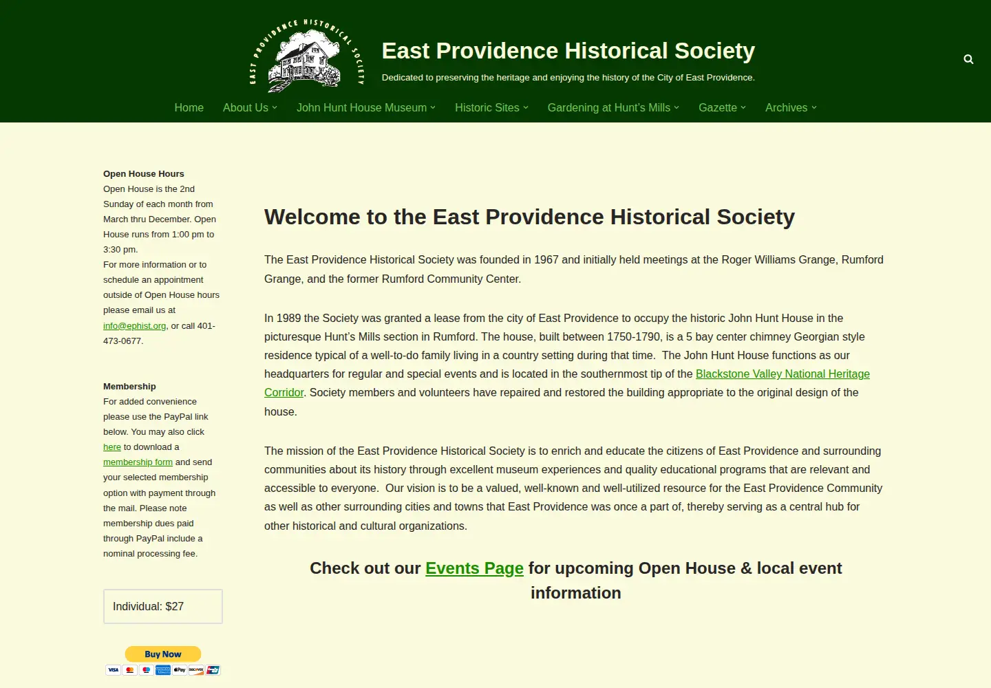 Captured homepage of ephist.org in the current scan