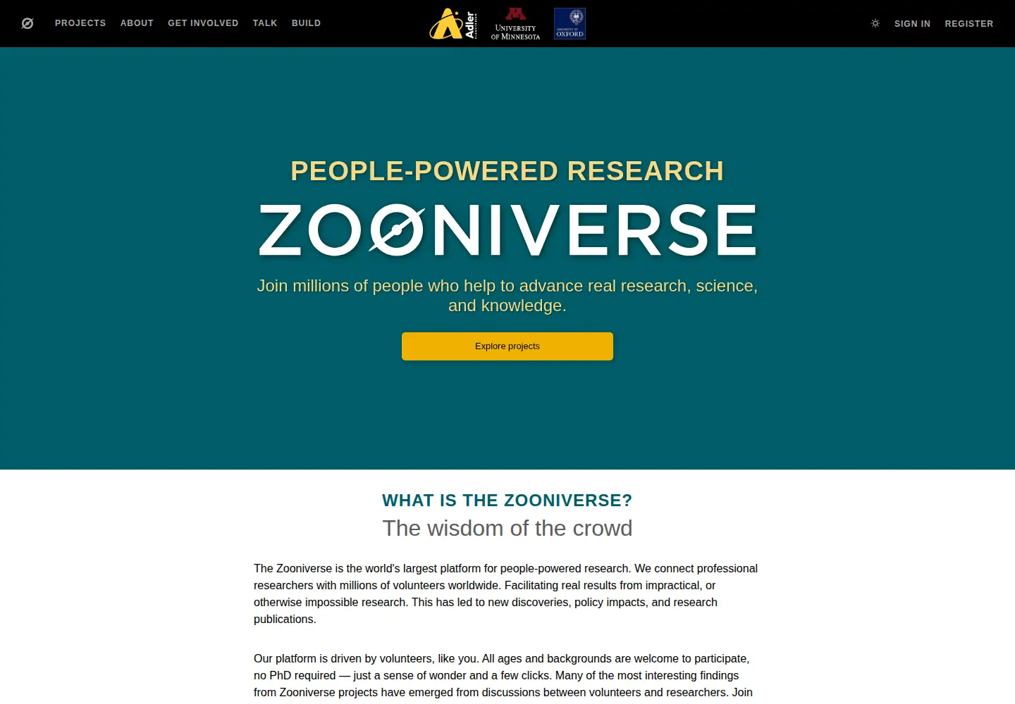 Screenshot of zooniverse.org