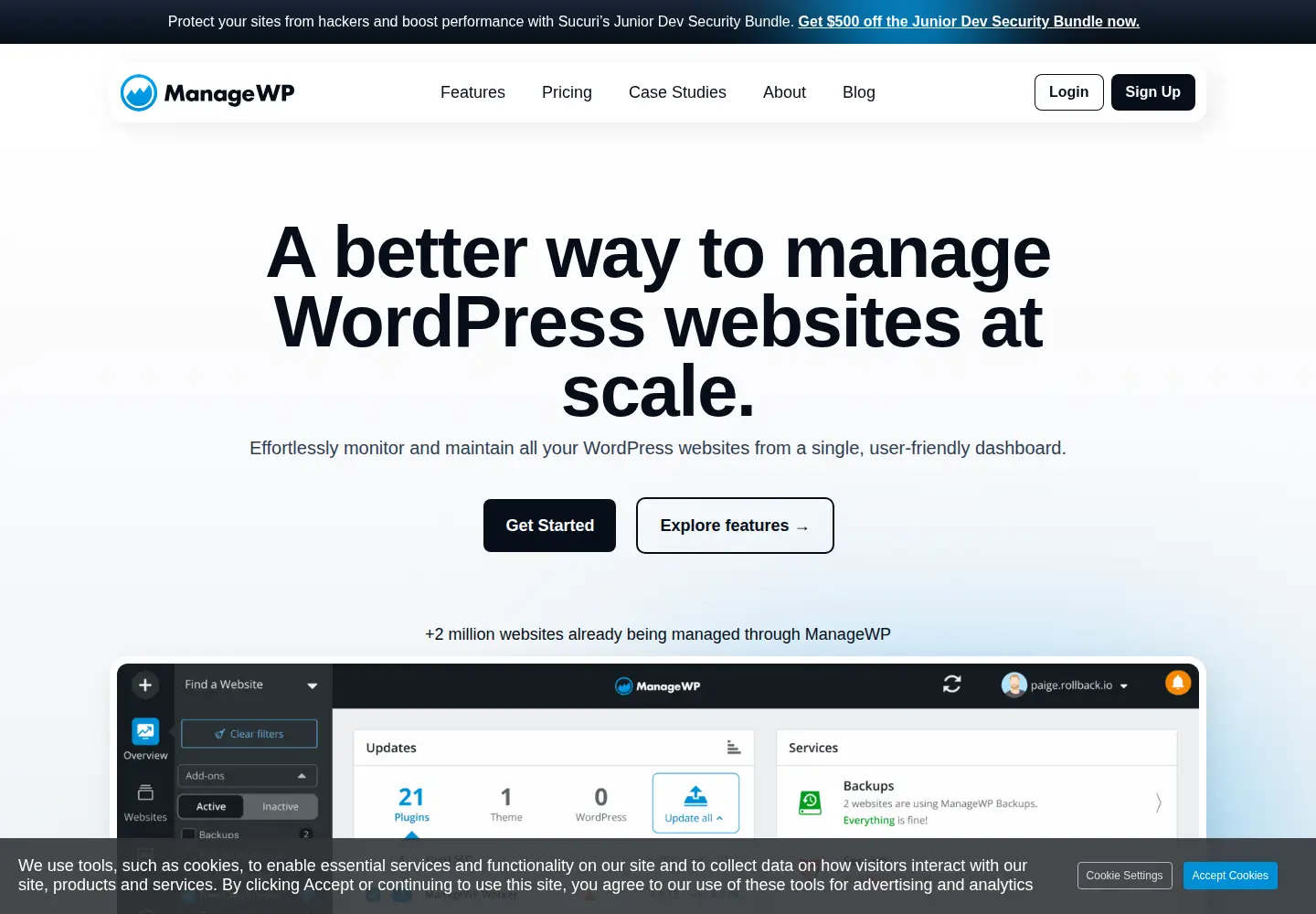 Screenshot of managewp.com