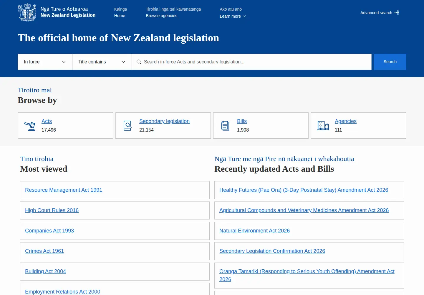 Screenshot of legislation.govt.nz