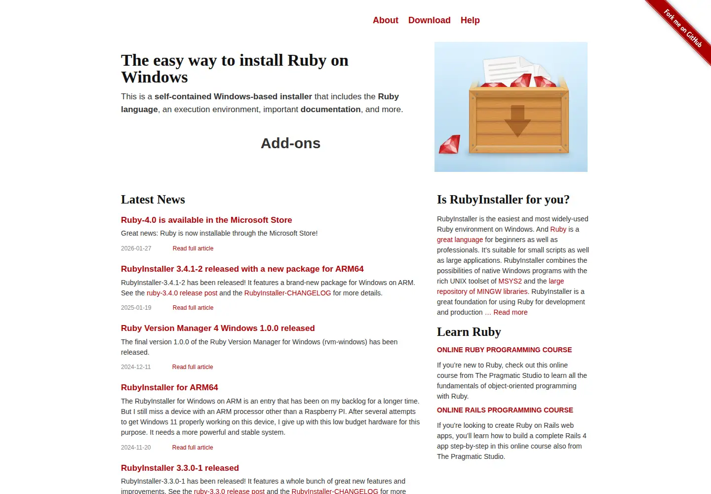 Captured homepage of rubyinstaller.org in the current scan
