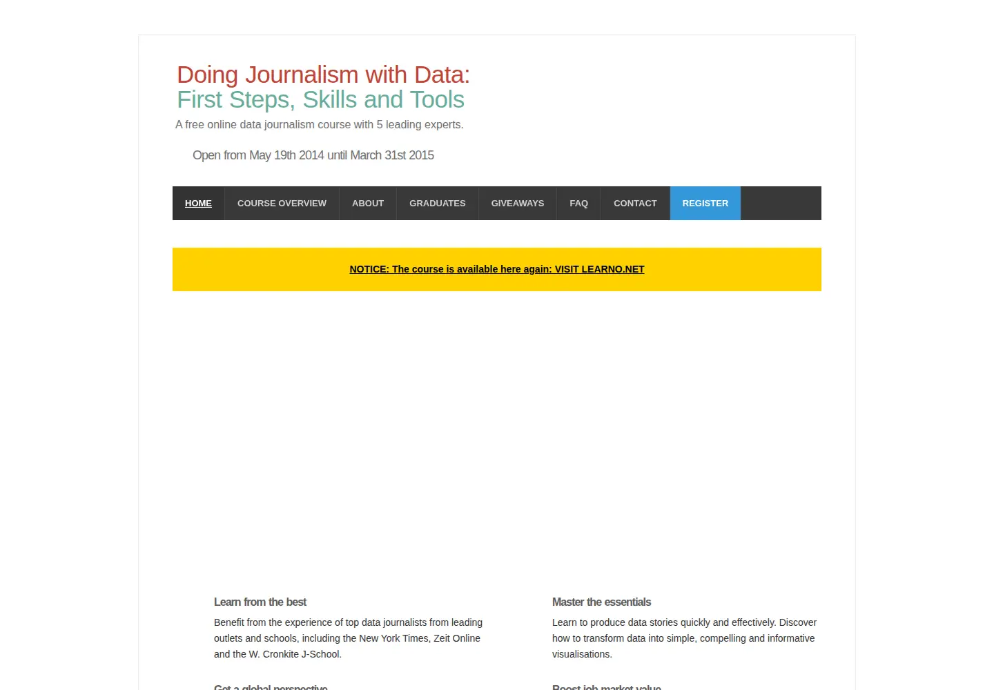 Captured homepage of datajournalismcourse.net in the current scan
