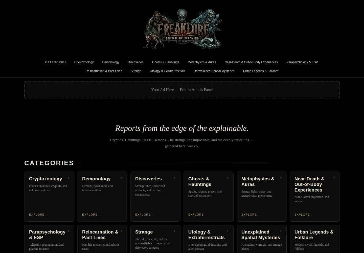 Captured homepage of freaklore.com in the current scan
