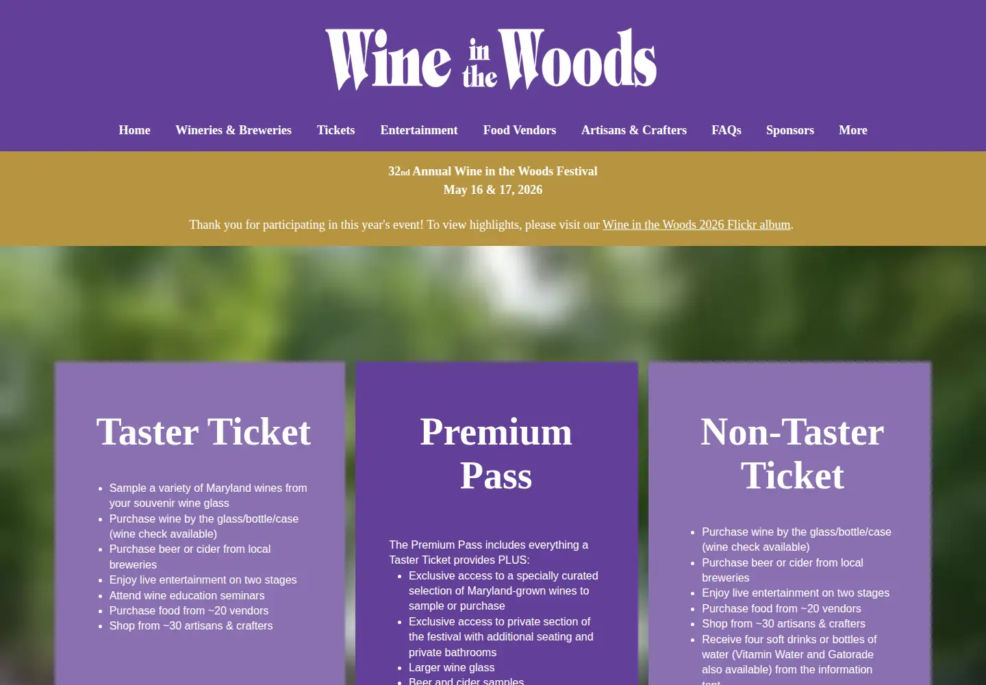 Captured homepage of wineinthewoods.com in the current scan