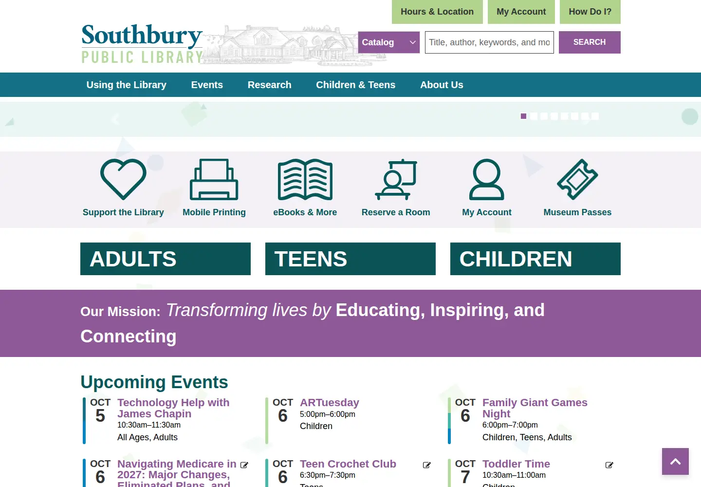 Captured homepage of southburylibrary.org in the current scan