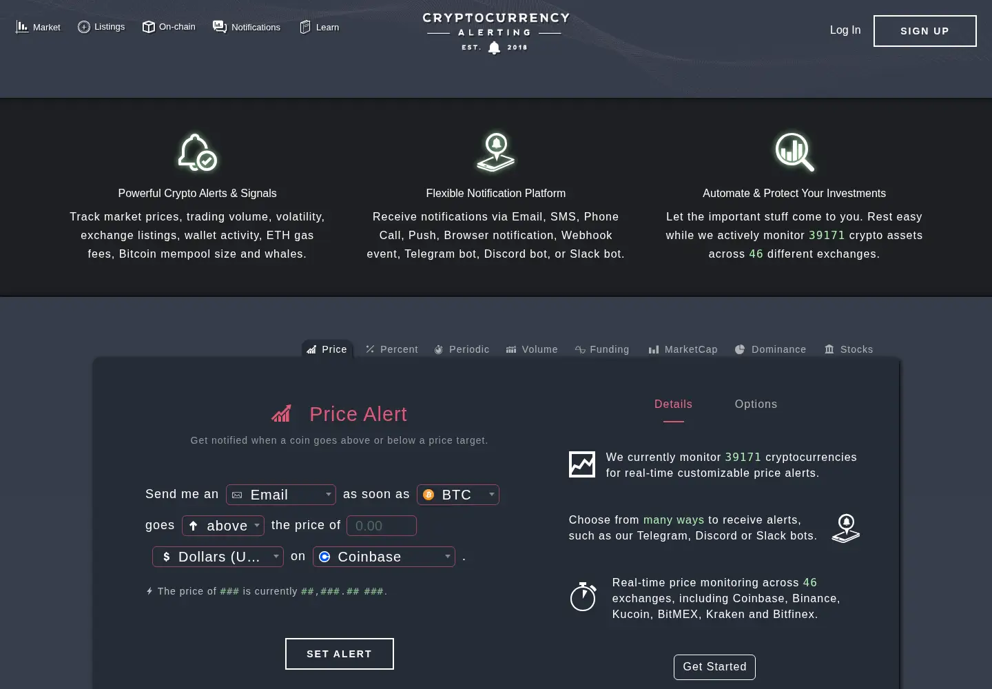 Screenshot of cryptocurrencyalerting.com
