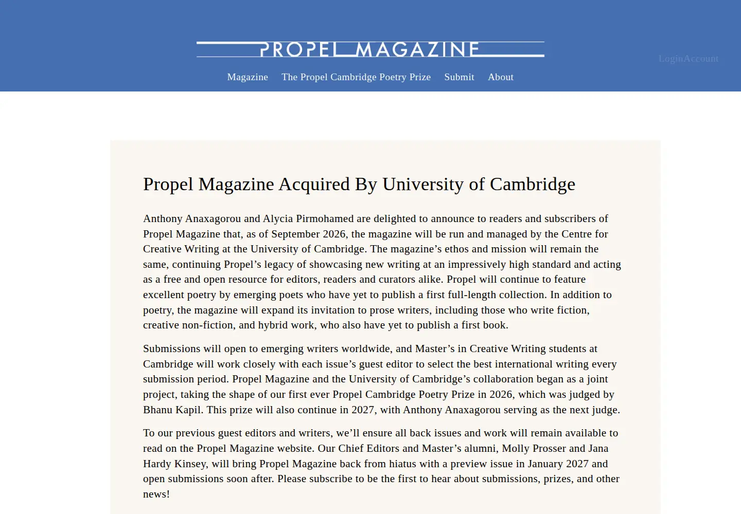 Captured homepage of propelmagazine.co.uk in the current scan
