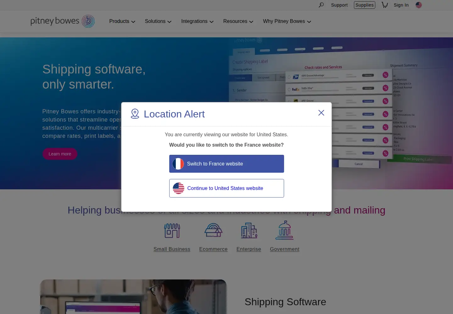 Screenshot of pitneybowes.com