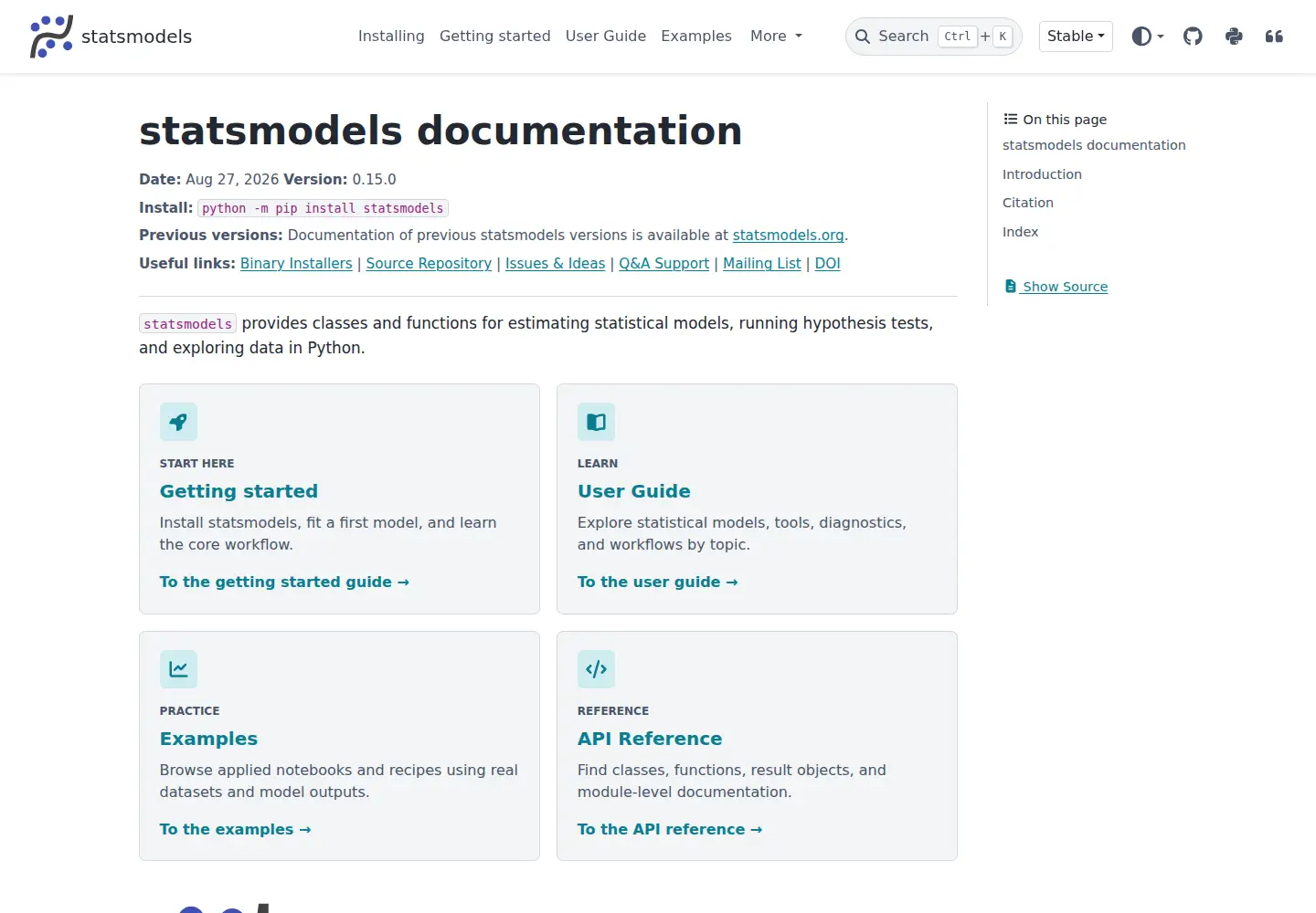 Captured homepage of statsmodels.org in the current scan