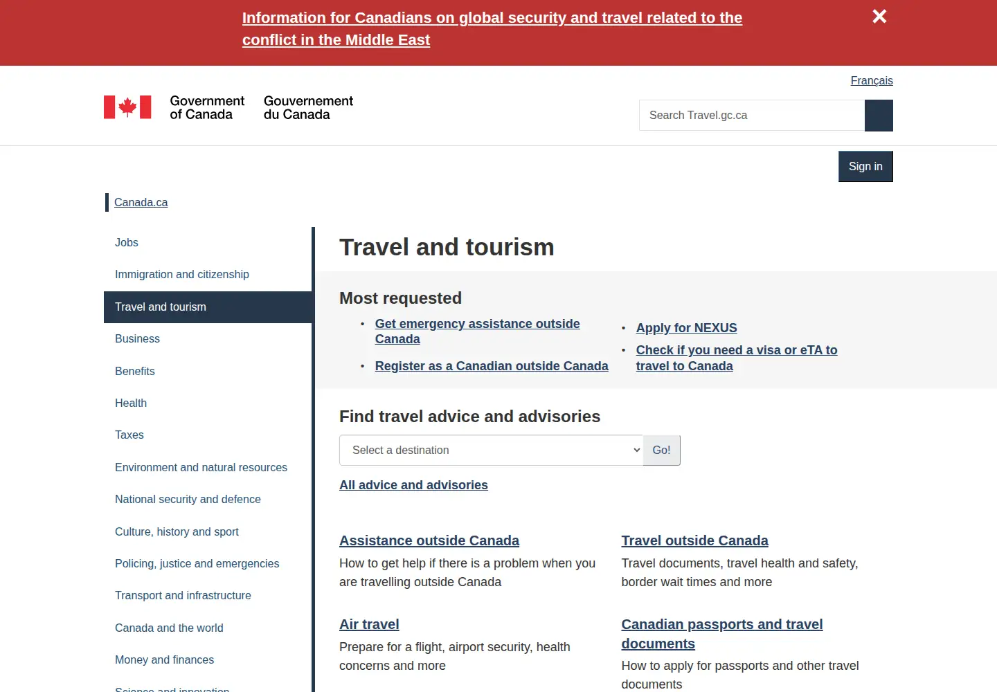 Screenshot of travel.gc.ca