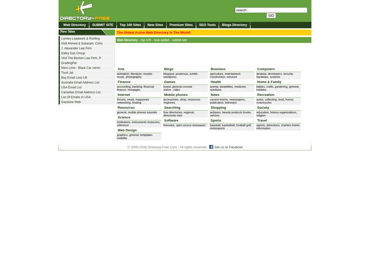 Captured homepage of directory-free.com in the current scan