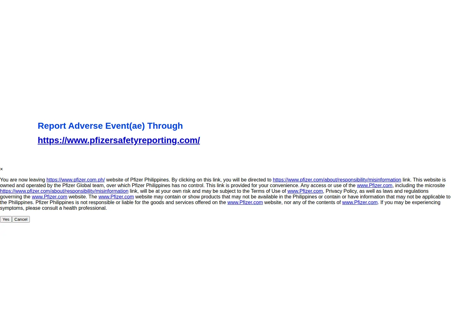 Captured homepage of pfizer.com.ph in the current scan