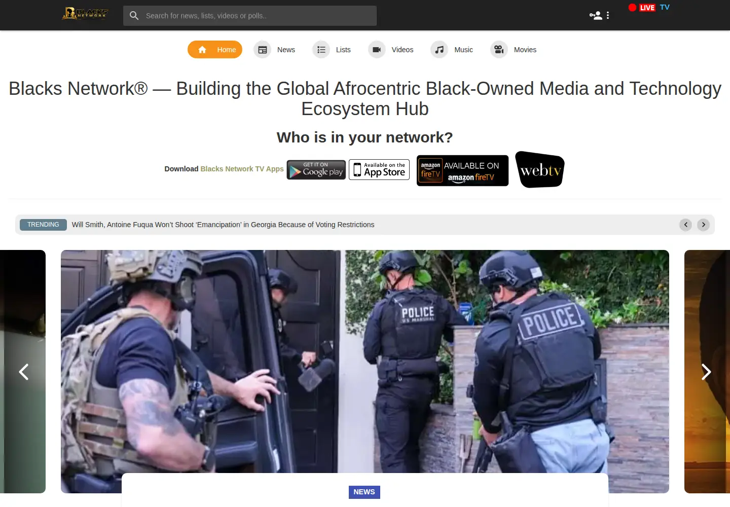 Captured homepage of blacksnetwork.com in the current scan