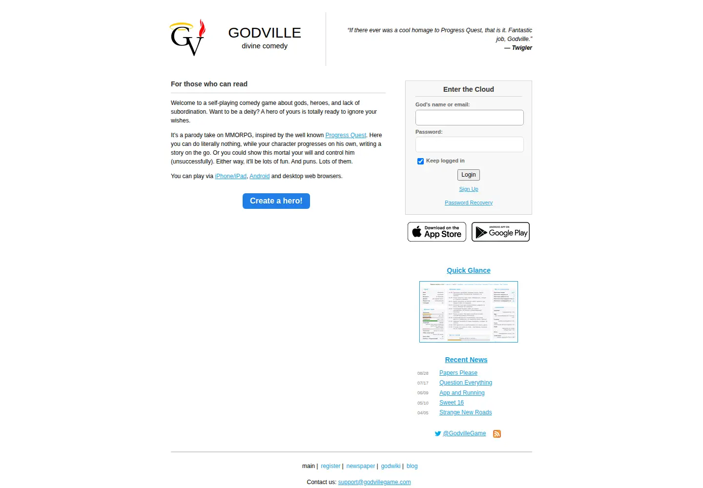 Captured homepage of godvillegame.com in the current scan