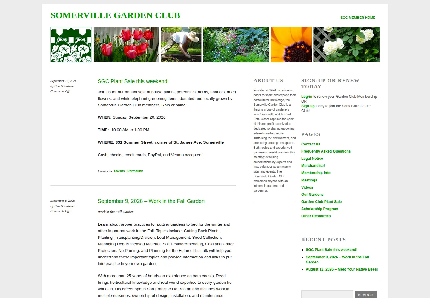 Captured homepage of somervillegardenclub.org in the current scan