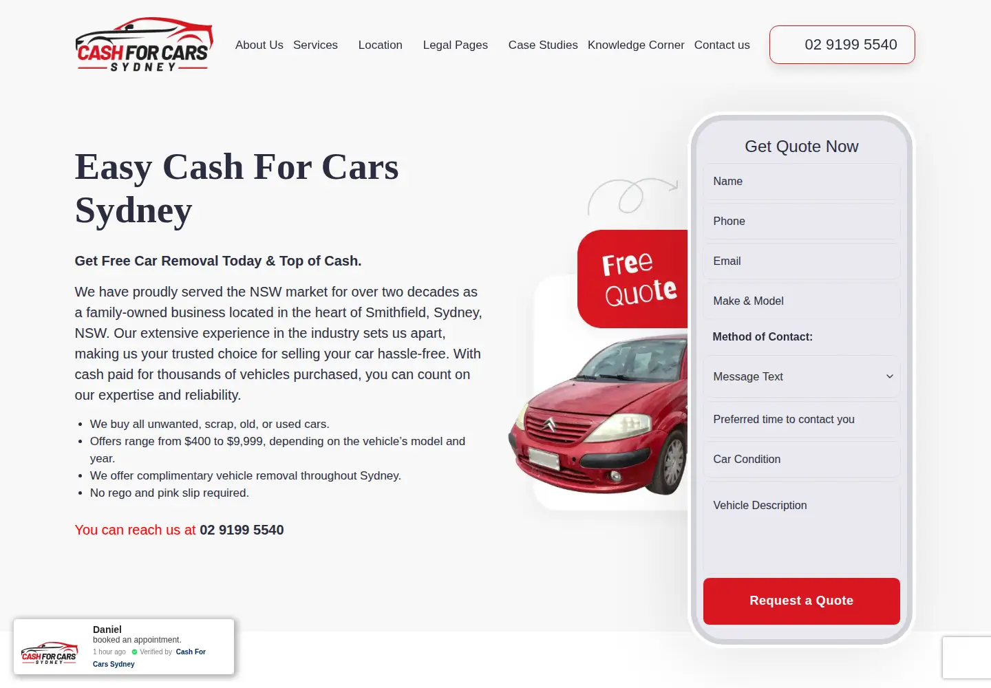 Captured homepage of cashforcarssydney.com.au in the current scan