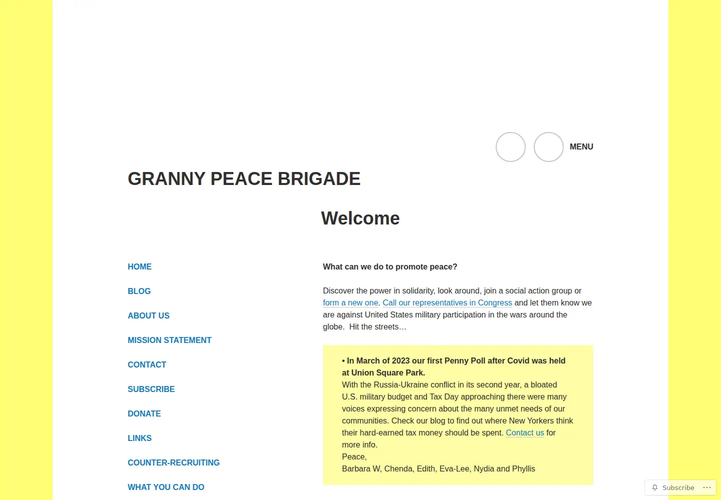Screenshot of grannypeacebrigade.org