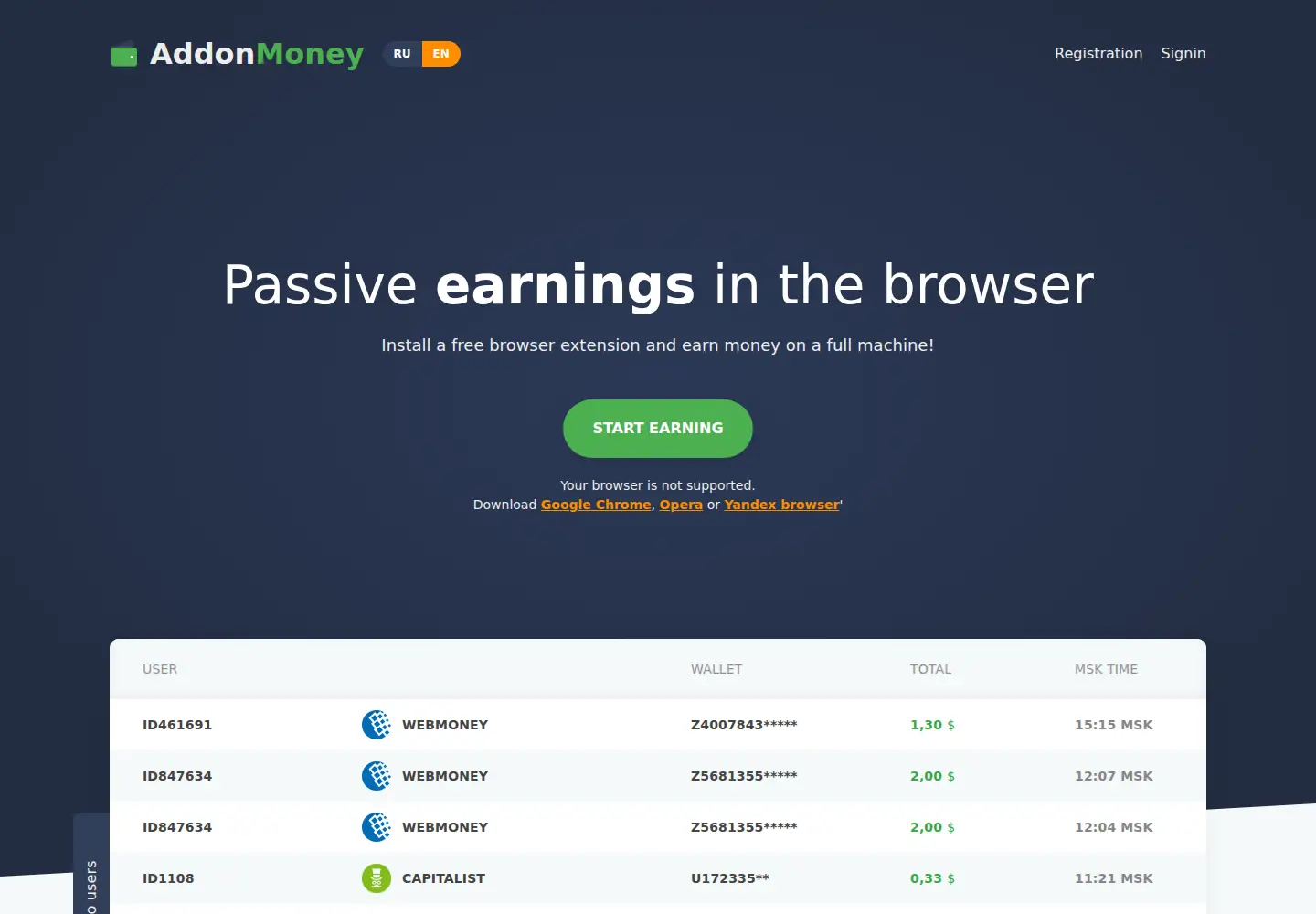 Captured homepage of addon.money in the current scan