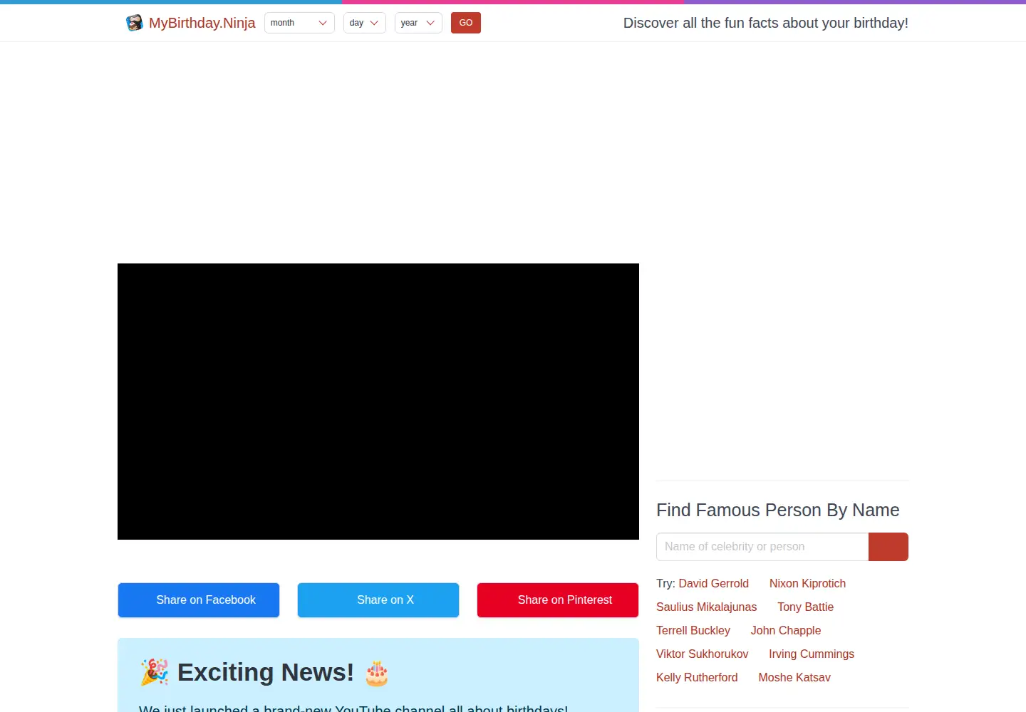 Captured homepage of mybirthday.ninja in the current scan