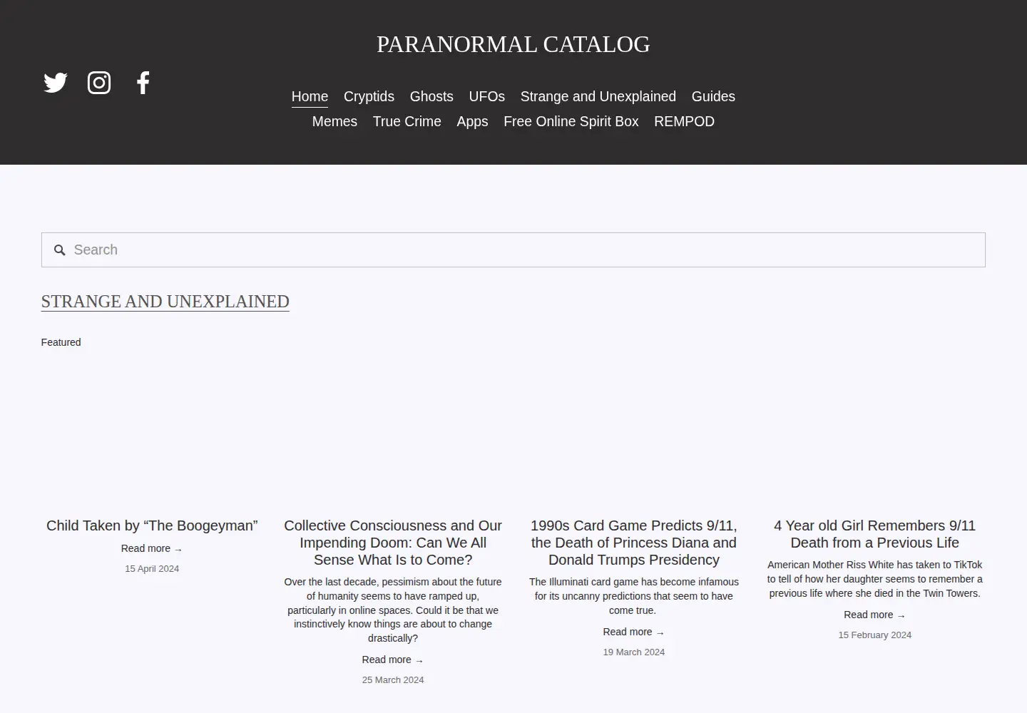 Captured homepage of paranormalcatalog.net in the current scan