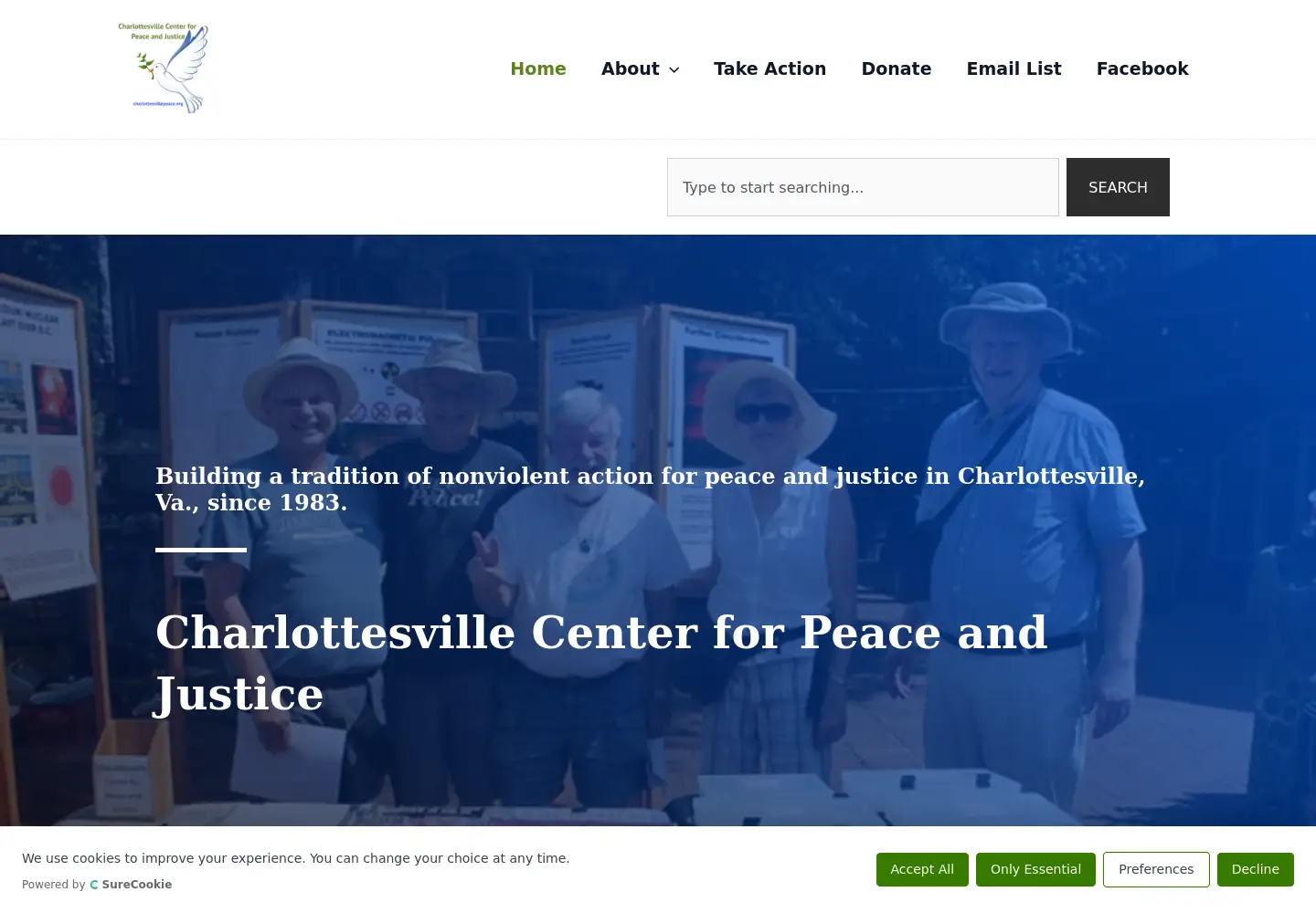 Captured homepage of charlottesvillepeace.org in the current scan