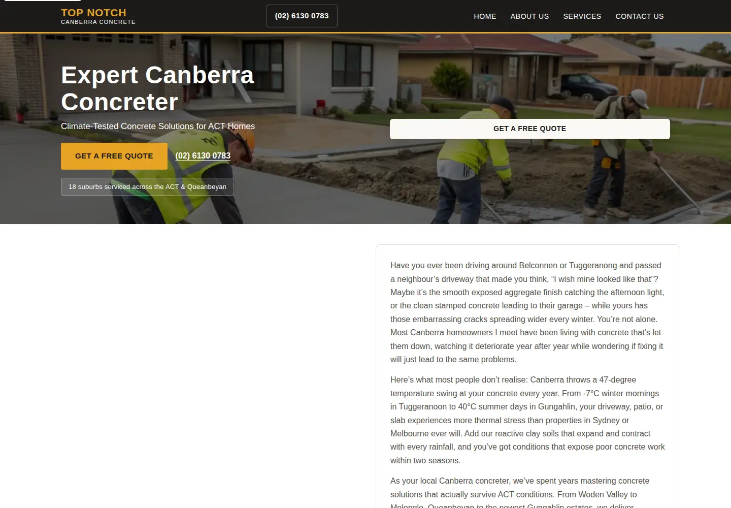 Captured homepage of concretingservicescanberra.com.au in the current scan