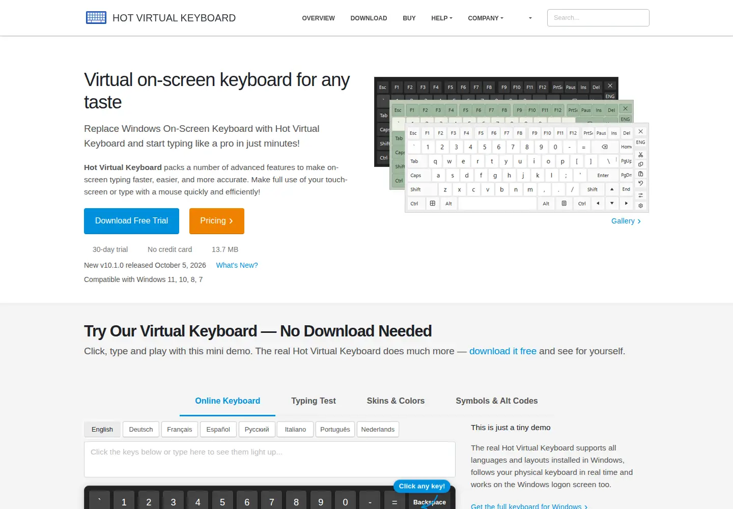 Screenshot of hotvirtualkeyboard.com