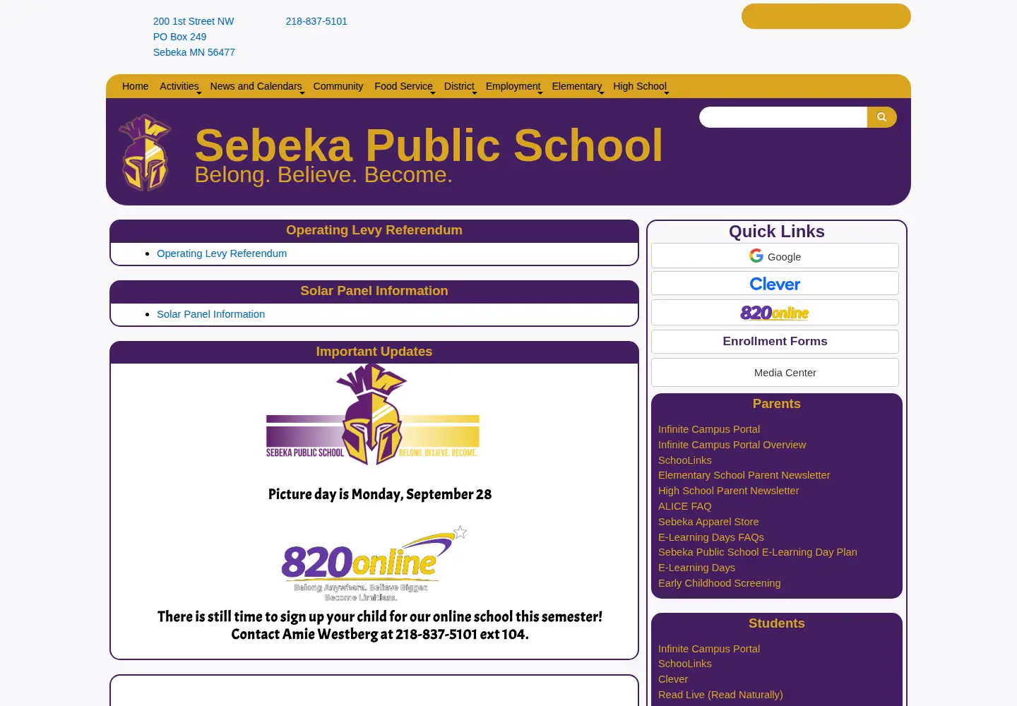 Captured homepage of sebeka.k12.mn.us in the current scan