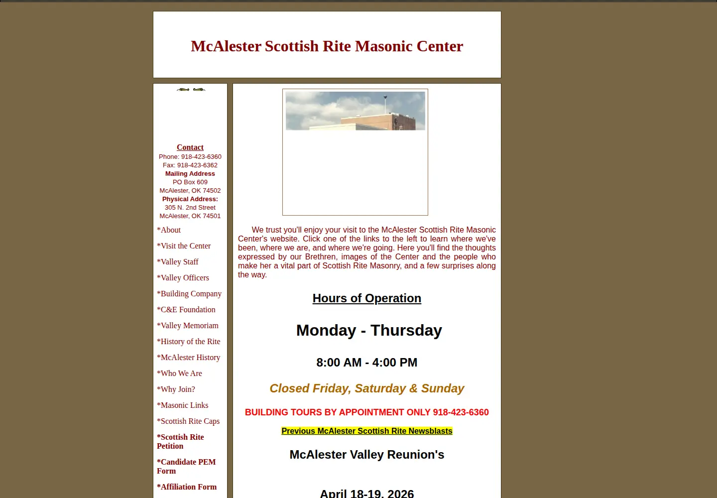 Screenshot of mcalesterscottishrite.org