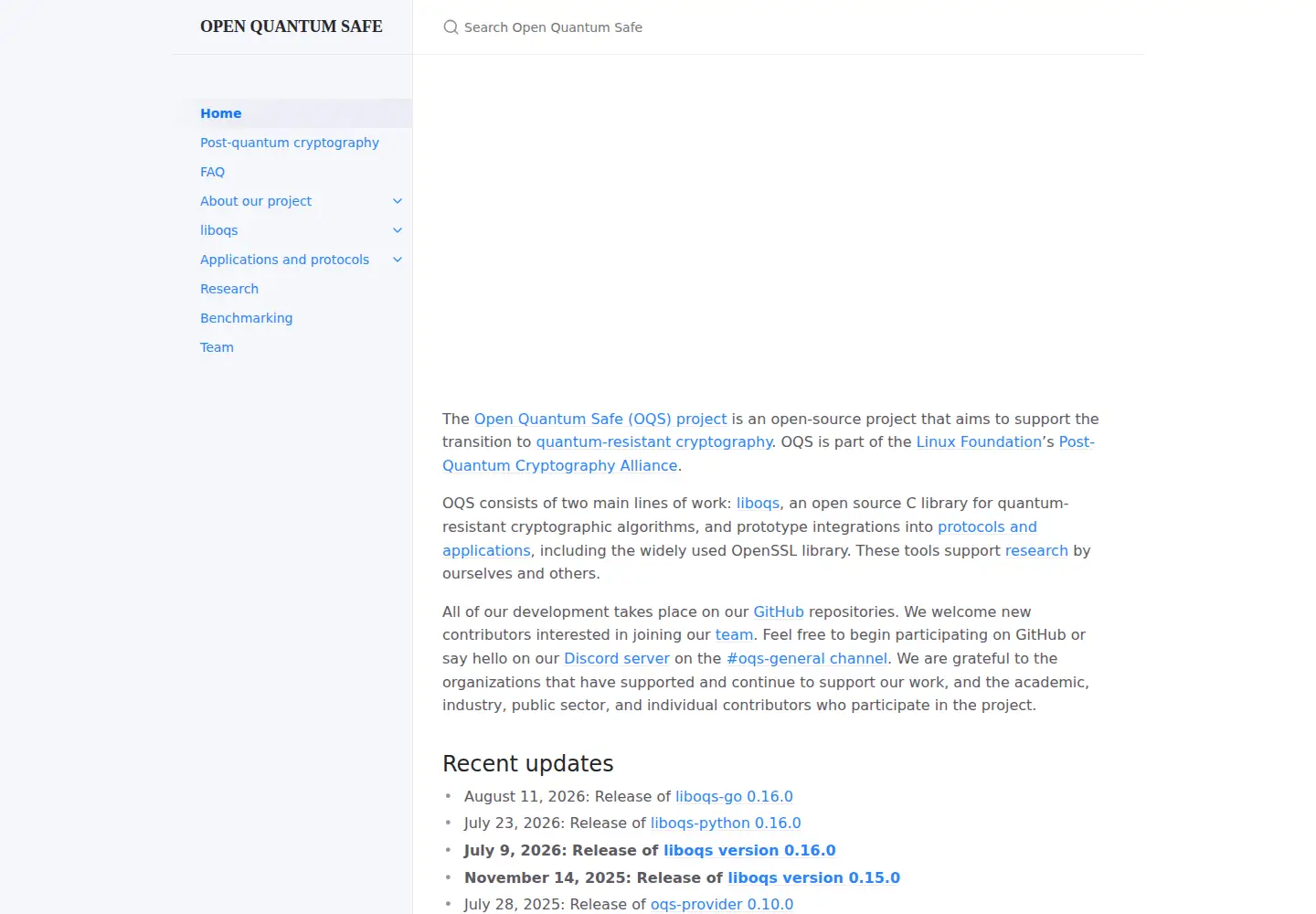 Screenshot of openquantumsafe.org