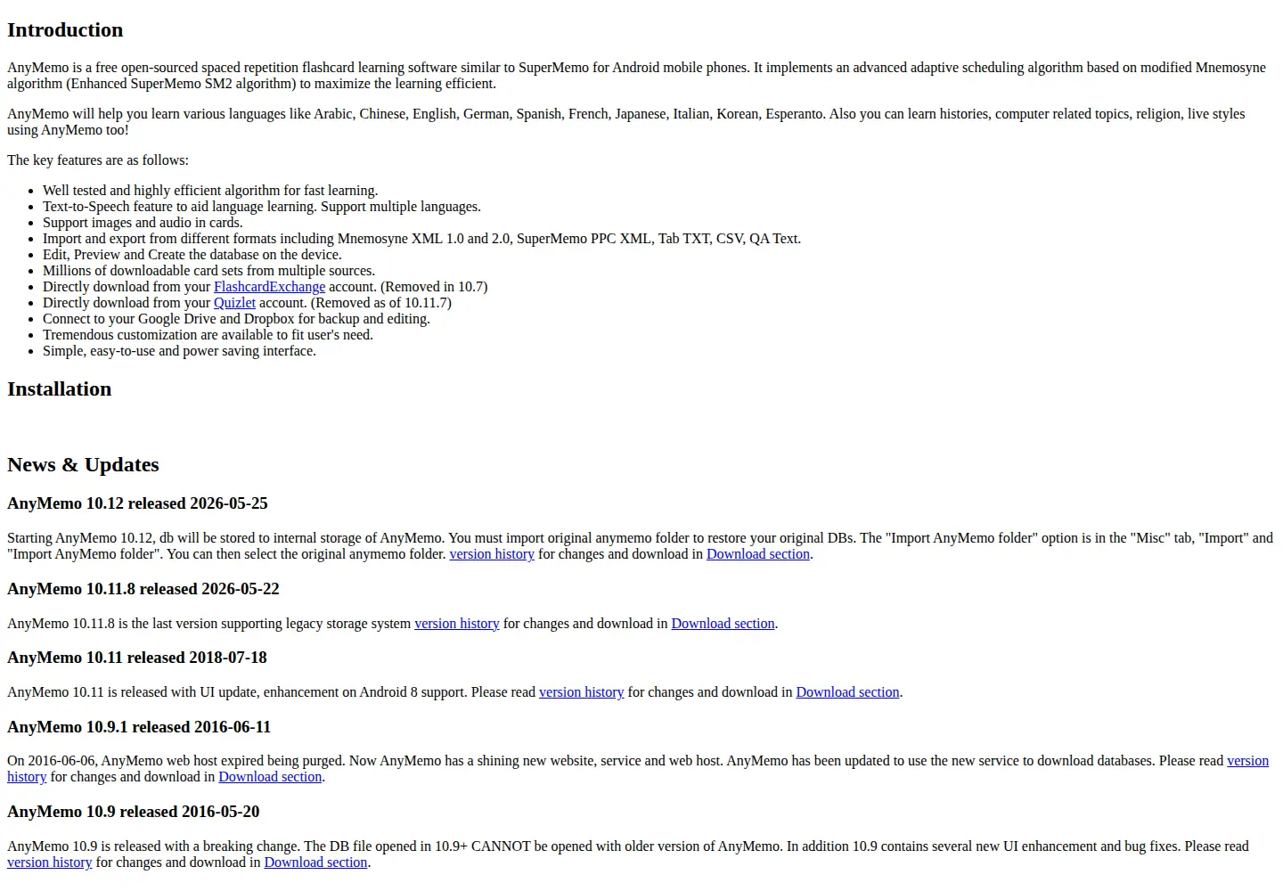 Captured homepage of anymemo.org in the current scan