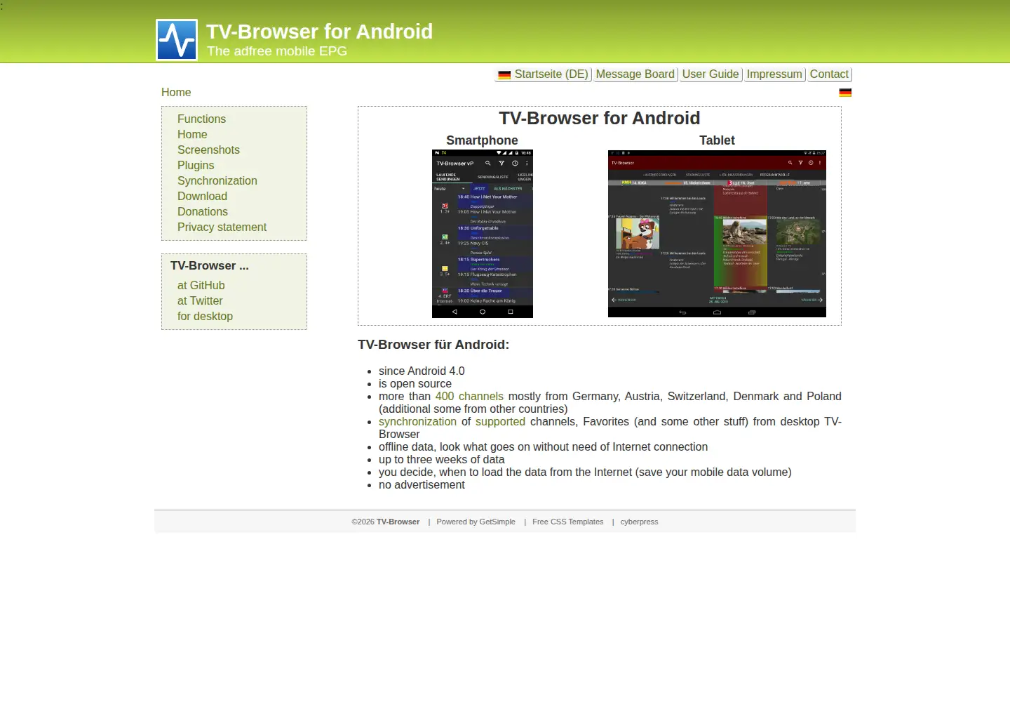 Captured homepage of tvbrowser-app.de in the current scan