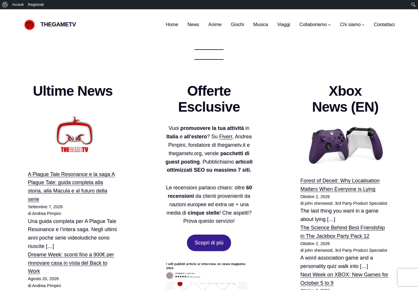 Captured homepage of thegametv.it in the current scan
