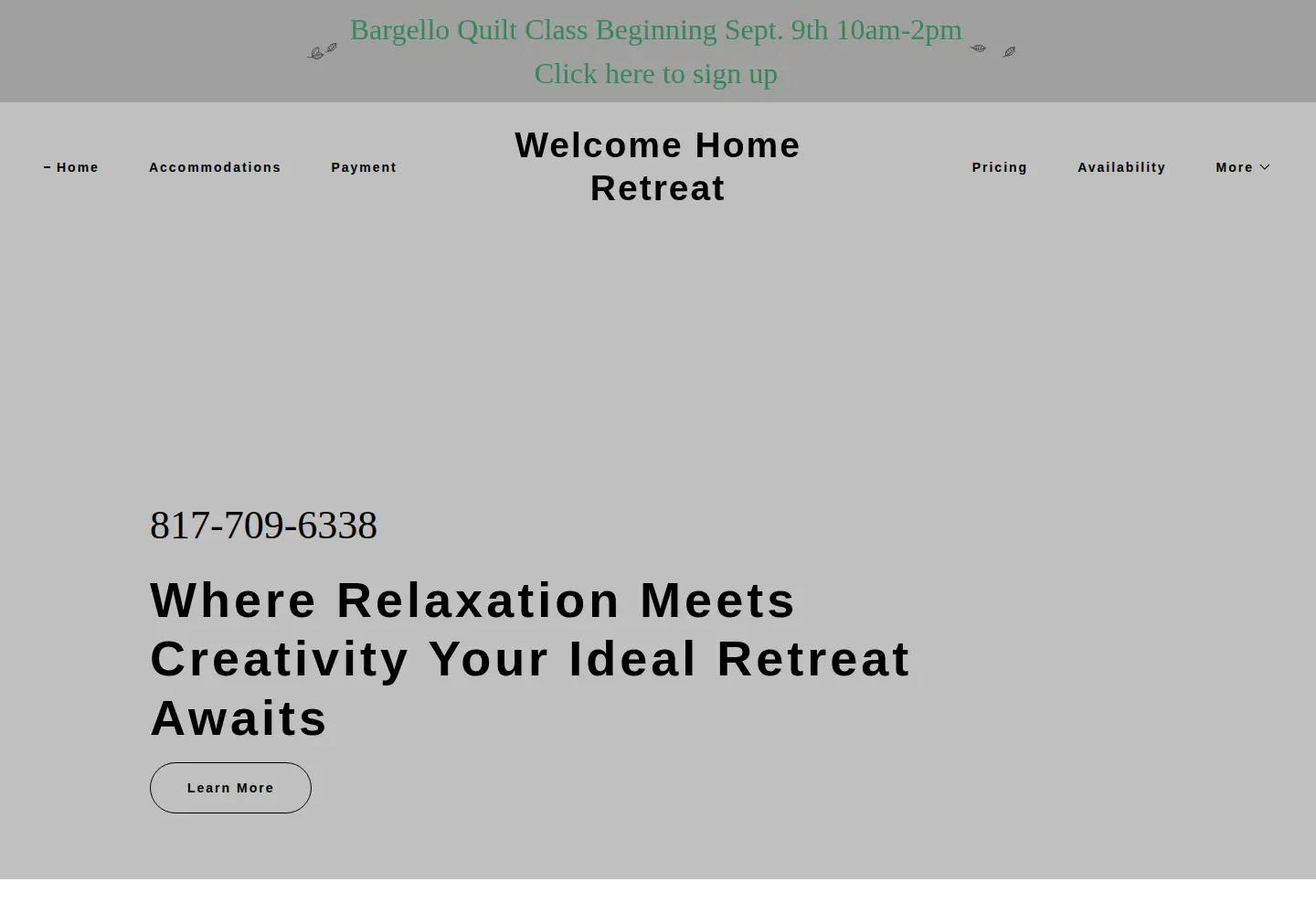 Screenshot of welcomehomeretreat.com
