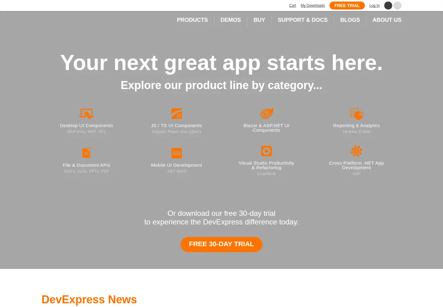 Screenshot of devexpress.com