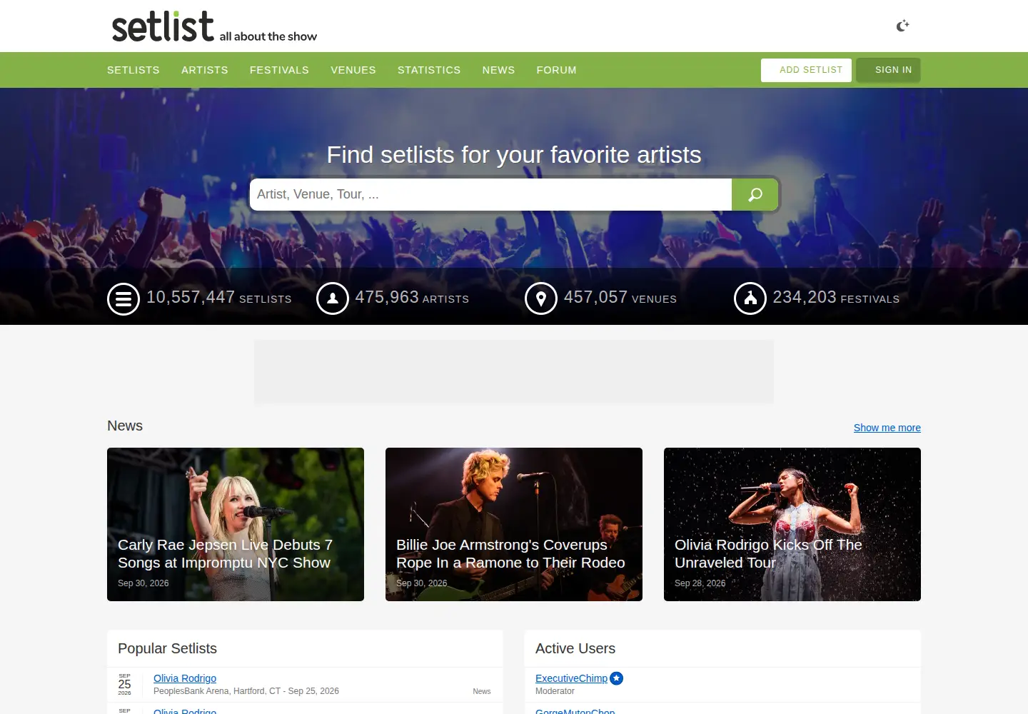 Screenshot of setlist.fm