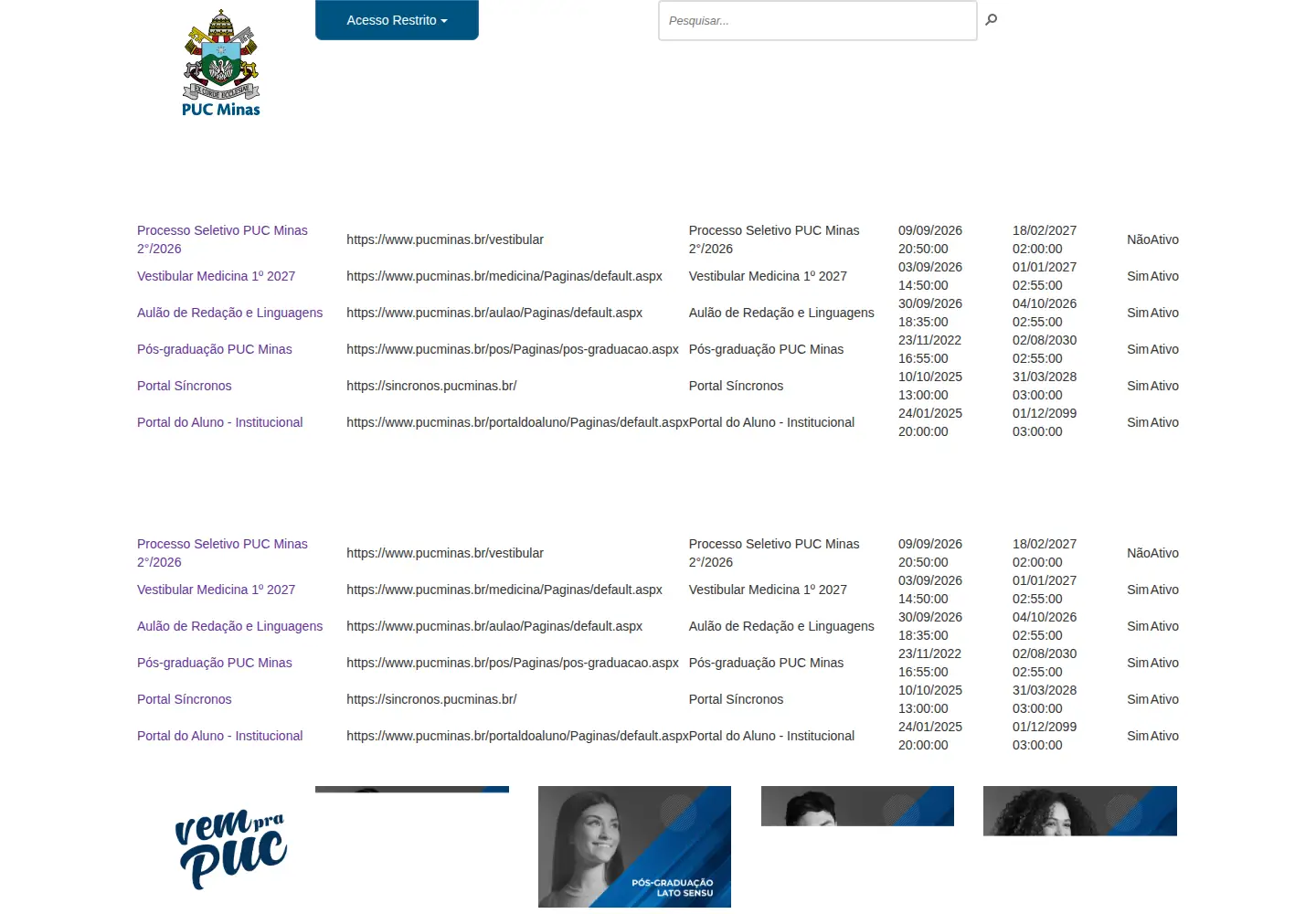 Screenshot of pucminas.br