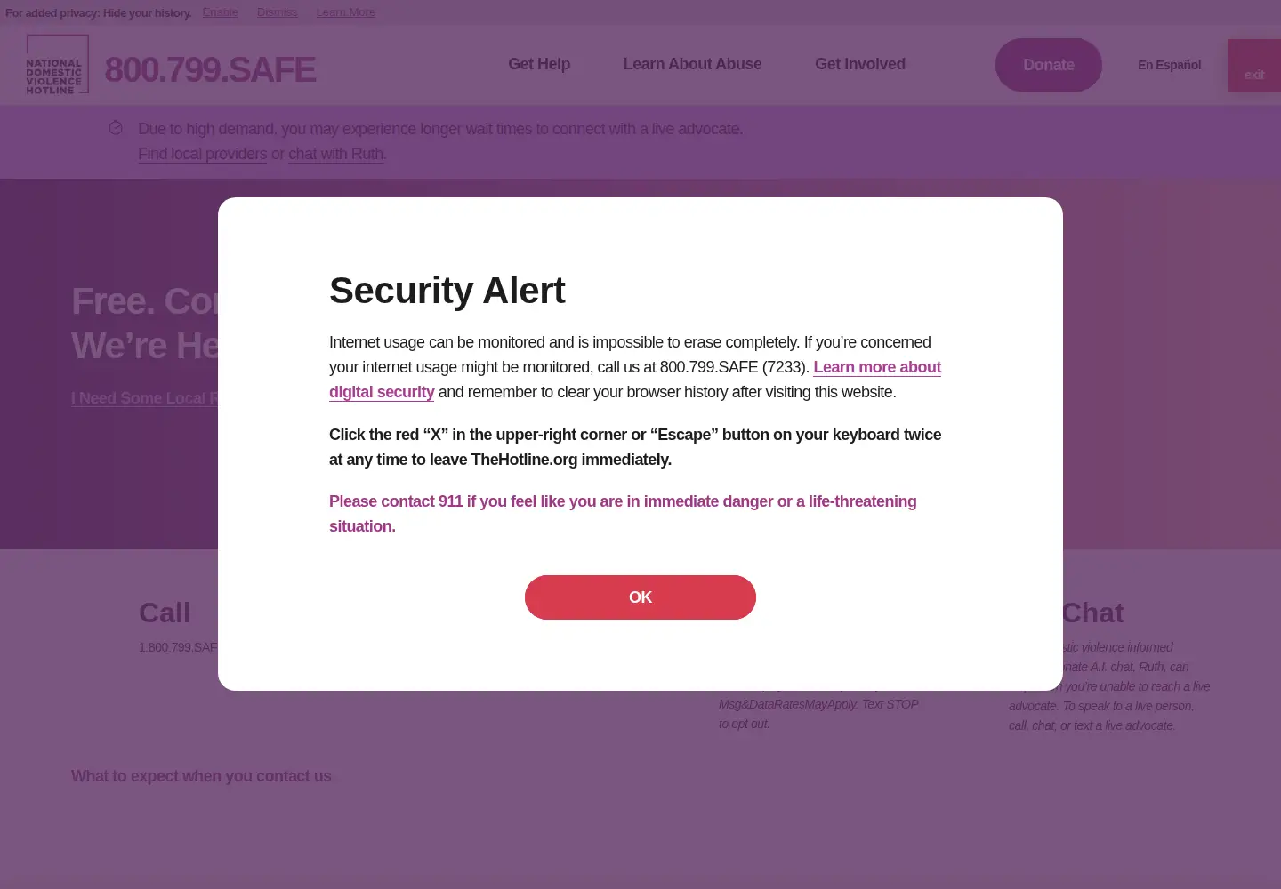 Captured homepage of thehotline.org in the current scan