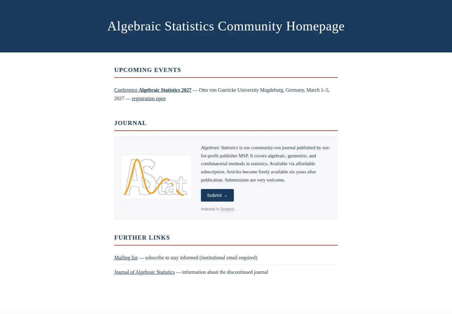 Captured homepage of algebraicstatistics.org in the current scan