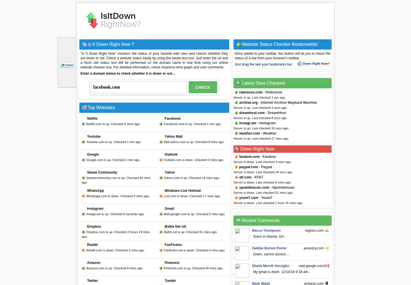 Captured homepage of isitdownrightnow.com in the current scan