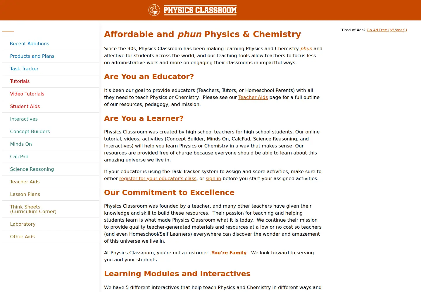 Screenshot of physicsclassroom.com