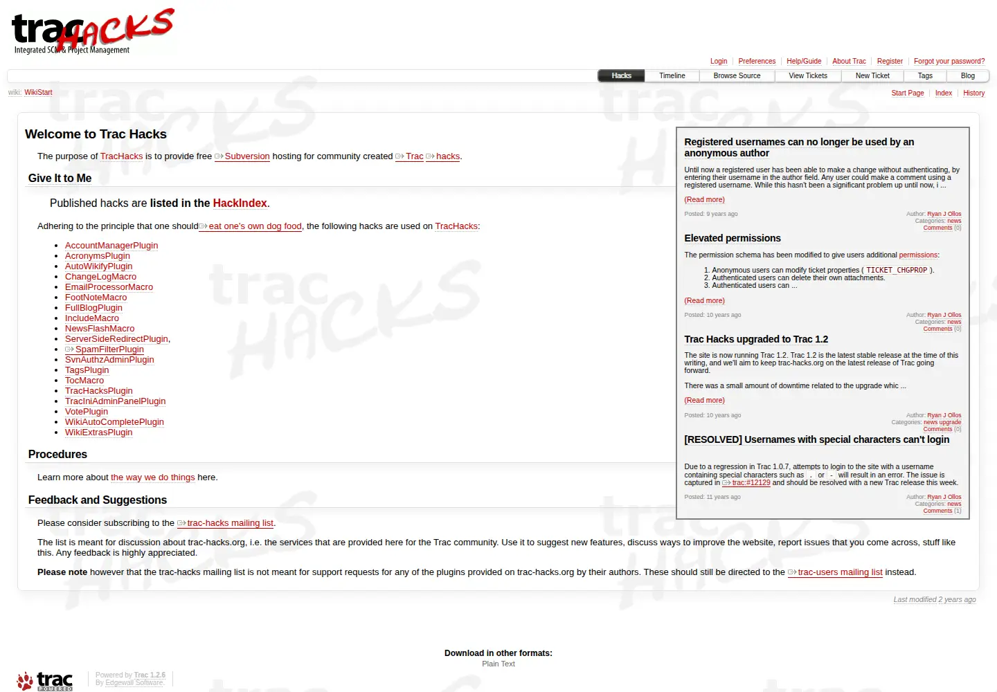 Screenshot of trac-hacks.org